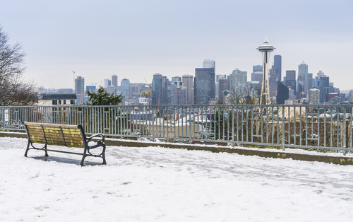 seattle city scape with snow covered in winter_Washington_usa.