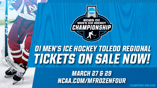 DI Men's Ice Hockey Toledo Regional Banner with image of player from the waist down holding a stick