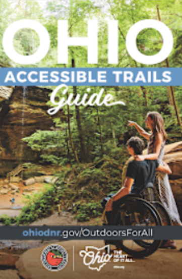 Ohio Accessible Trail Guide cover showing two people, one in wheelchair, looking toward a wooded area in the background