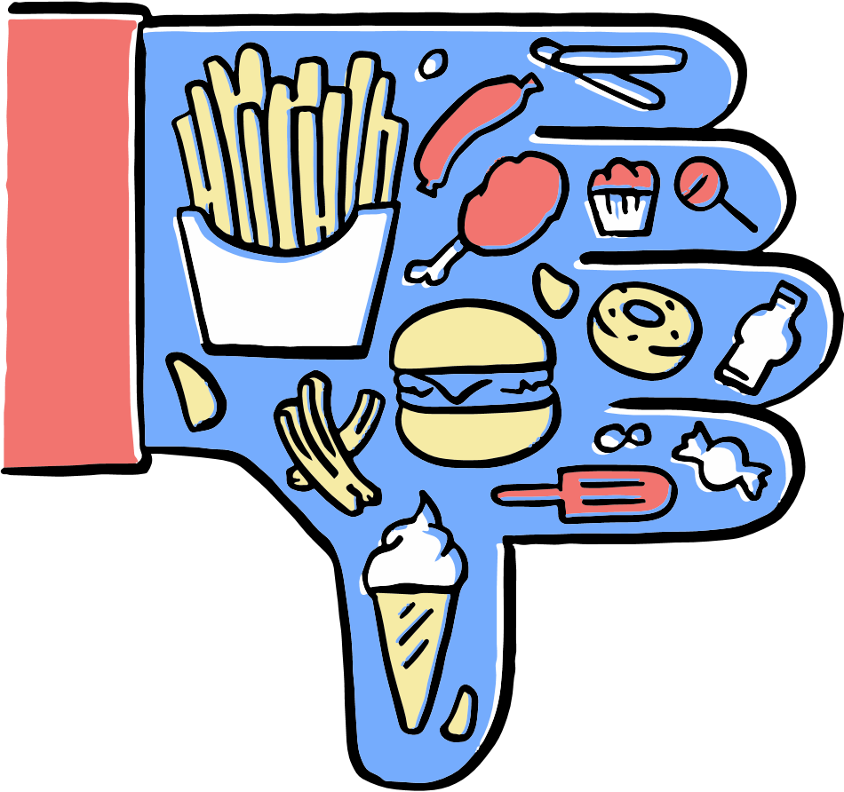 Blue hand in "thumbs down" position with pictures of snacks, desserts, and fast food