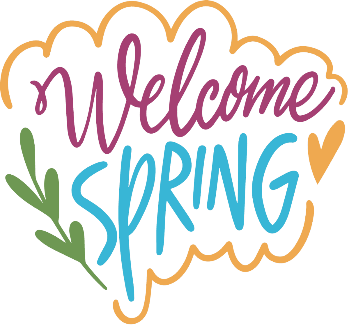 Pink and blue Welcome Spring icon with green sprig