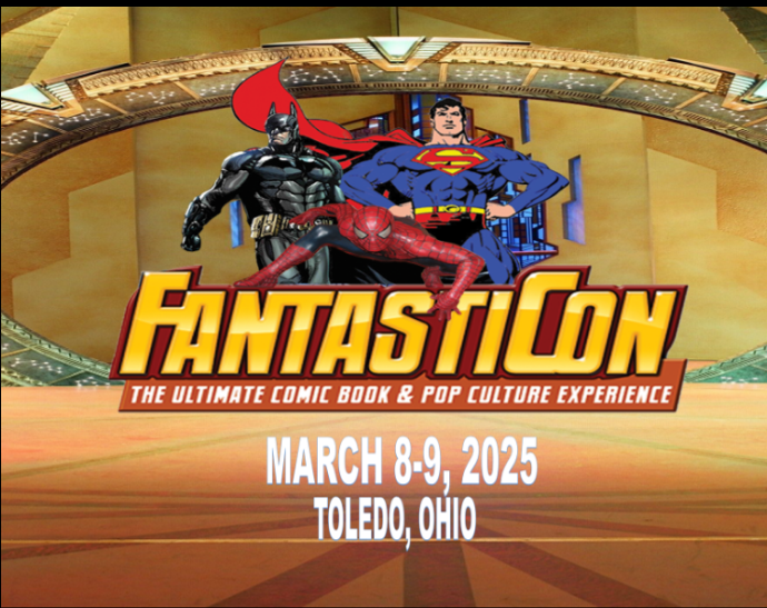 Graphic with Superman and Batman, and Spiderman crouching in front, and the dates of Fantasticon in Toledo