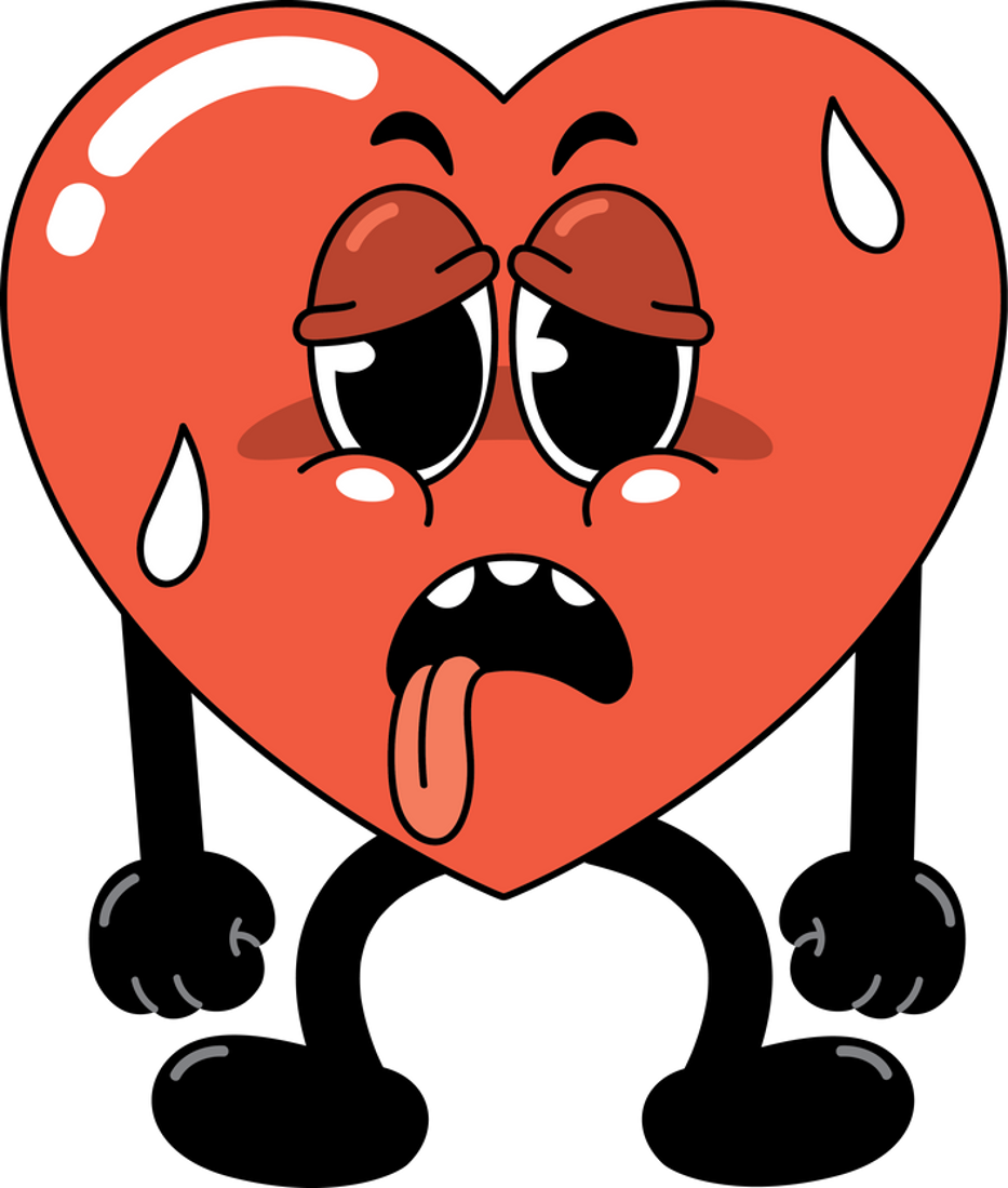 Cartoon heart with face with exhausted, weak expression and tears of sweat