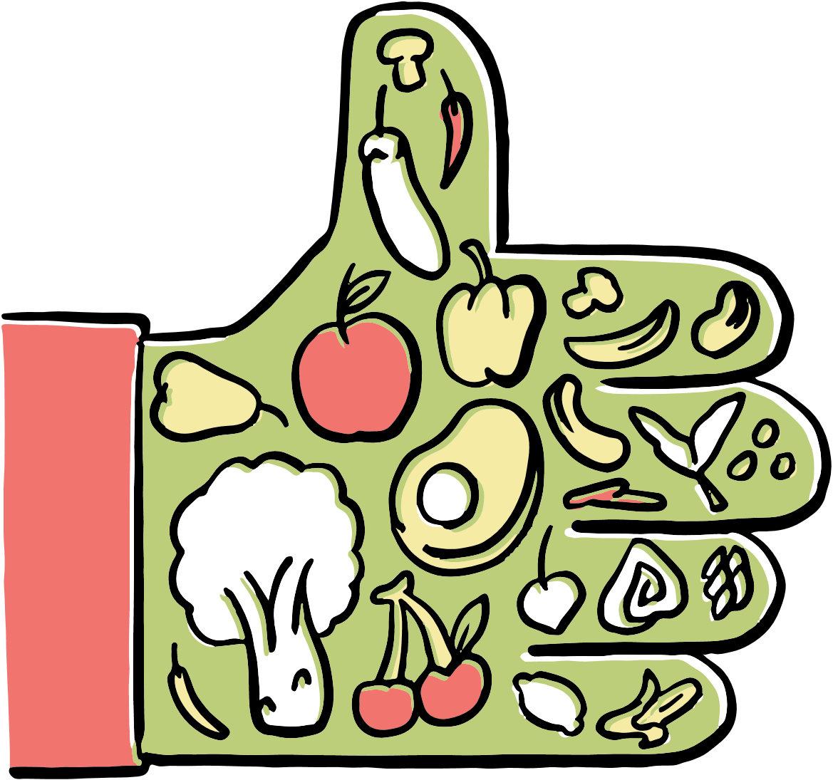 Green hand in "thumbs up" position with pictures of healthy foods