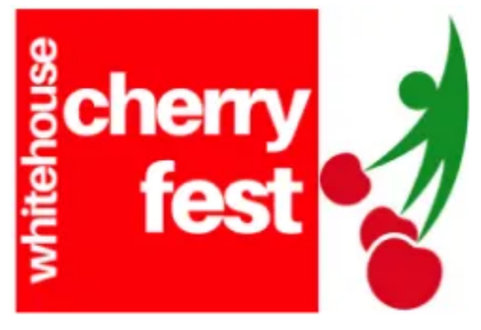 Whitehouse Cherry Fest Logo with white words in a red square and a branch with cherries