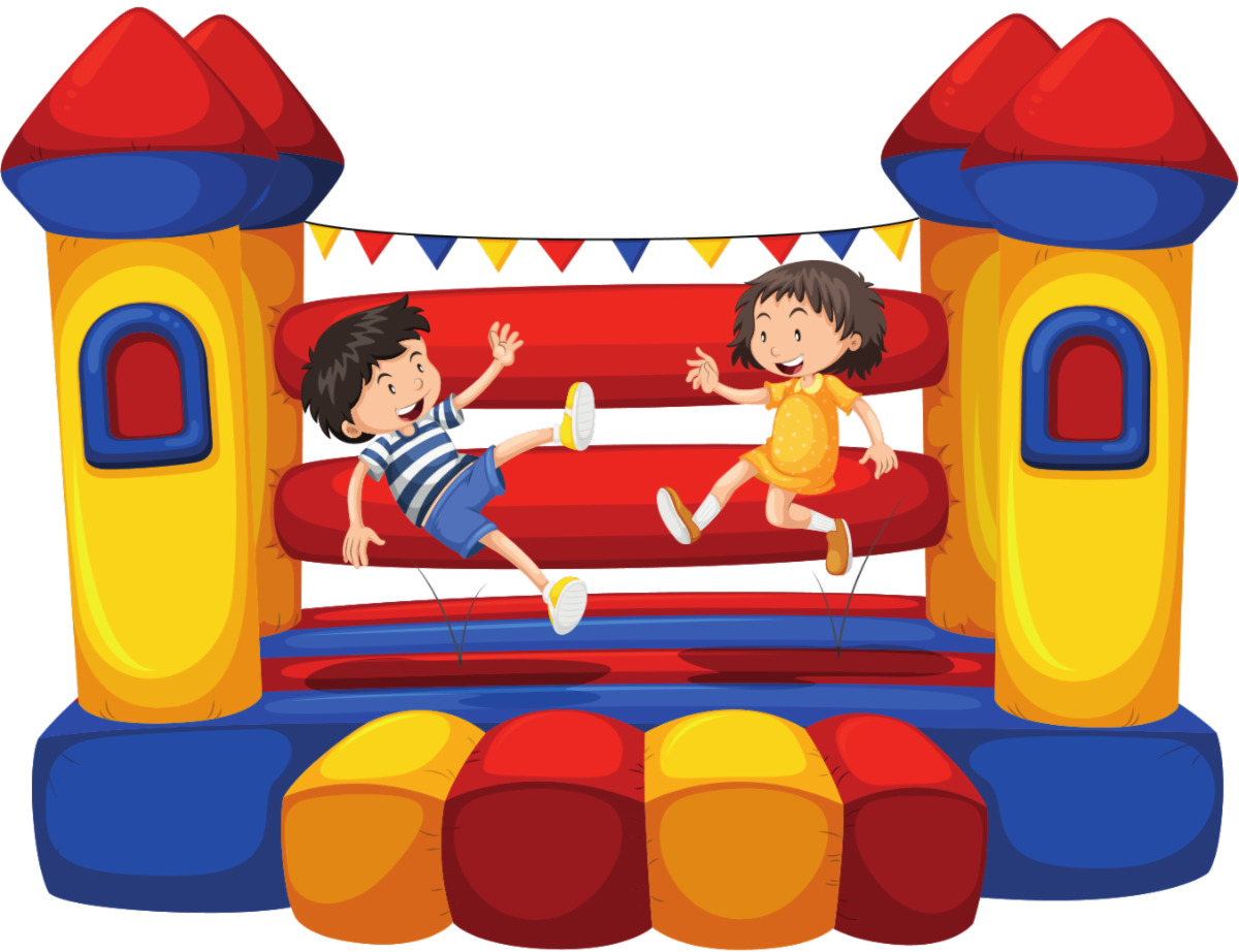 Clipart of inflatable multi-colored bounce house with boy and girl jumping