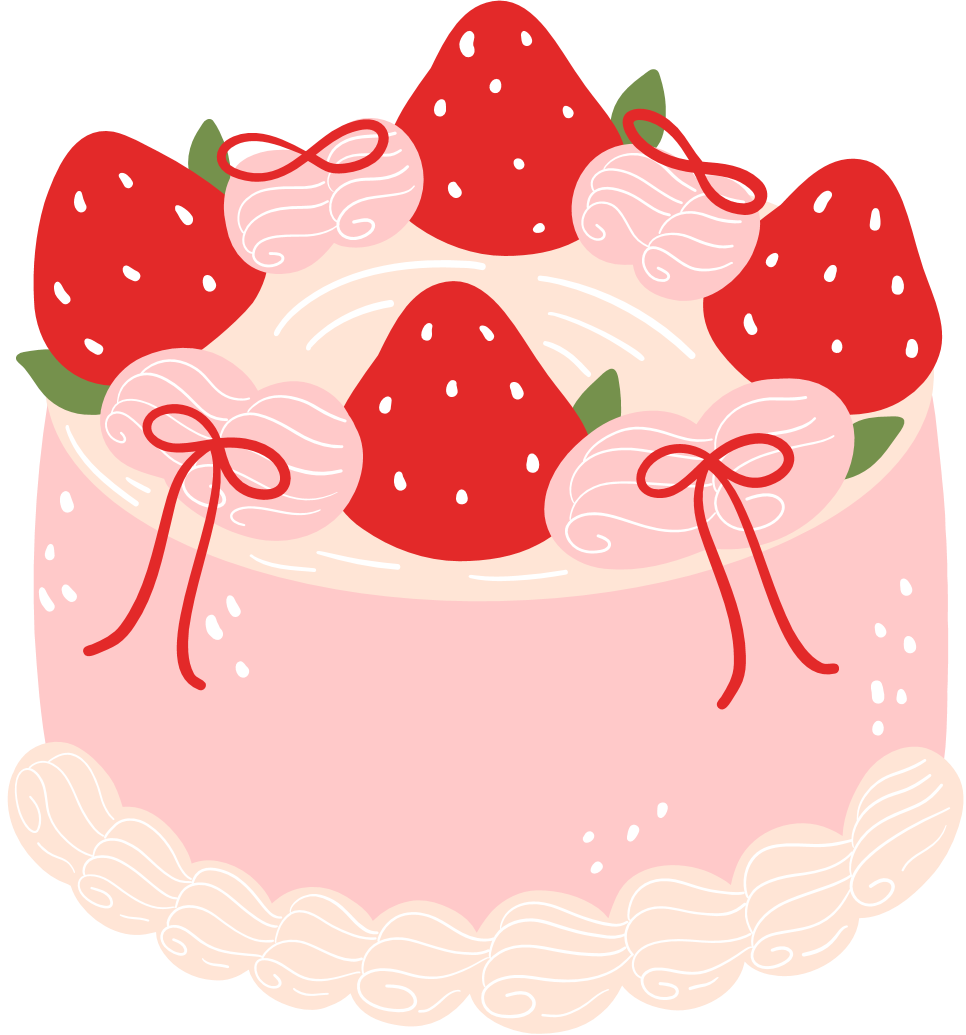 Clipart of cake with pink icing decorated with strawberries and bows
