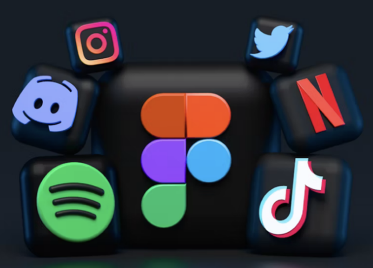 various social media logos on a black background