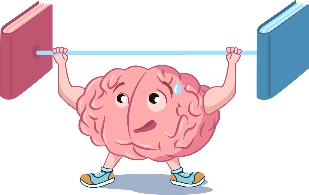 Cartoon human brain with face, legs wearing running shoes, and arms holding up bar with book on each end