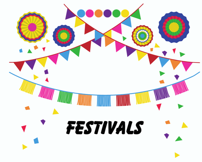 Colorful streamers and banner announcing Festival