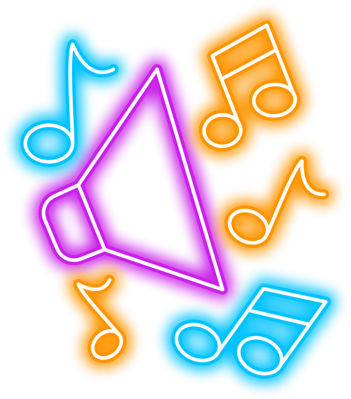 Outline of a speaker in neon purple and musical notes in neon blue and gold
