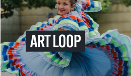 Young girl in colorful flowing dance skirt dancing as part of Toledo Arts Commission Art Loop banner