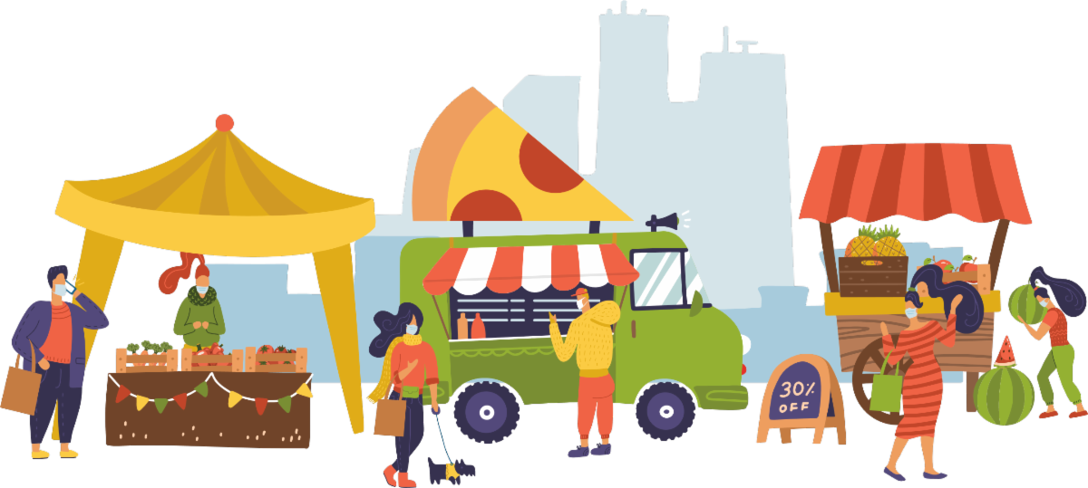 Clipart of open-air market showing two booths selling food products with food truck in between with a giant slice of pizza on top, with people in the foreground with packages and buildings in the background