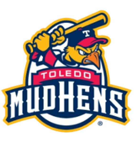 Toledo Mud Hens logo with words Toledo Mud Hens across cartoon Mud Hen wielding bat