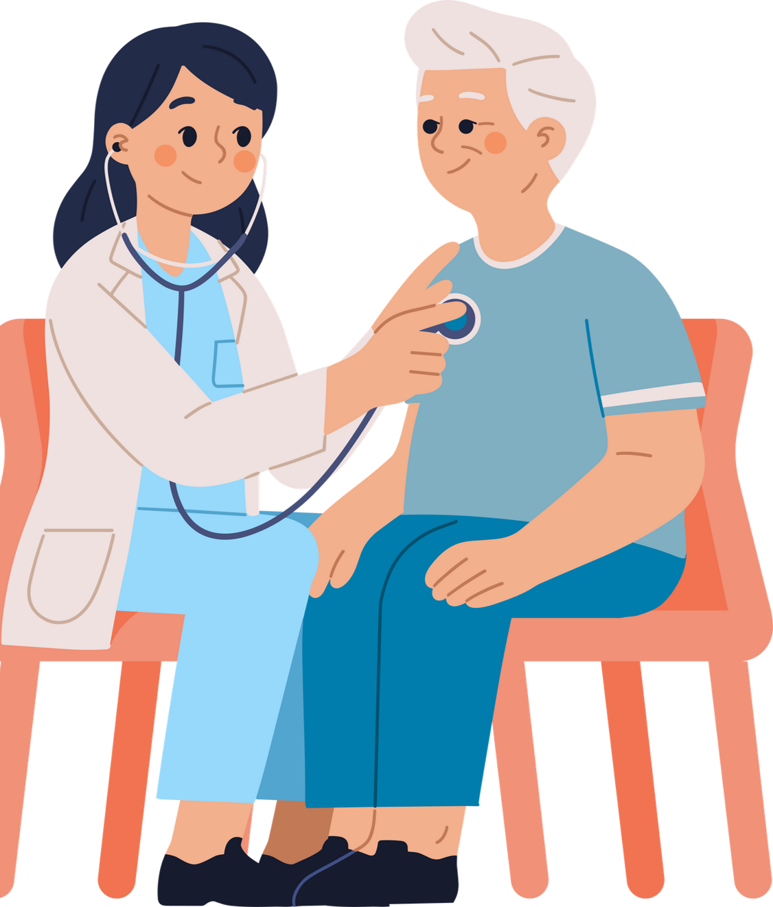 Cartoon of young woman with long hair in white coat listening to heart of older, white-haired woman