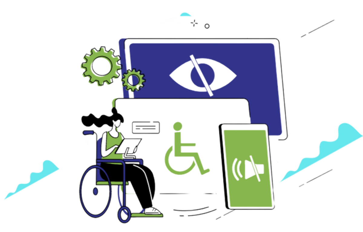 Collage of images including technical devices and person in wheelchair using phone