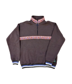 Dark brown quarter-zip pullover with a woven blue and orange patterned band across the chest and collar, ribbed cuffs and hem with blue, white, and black stripes.