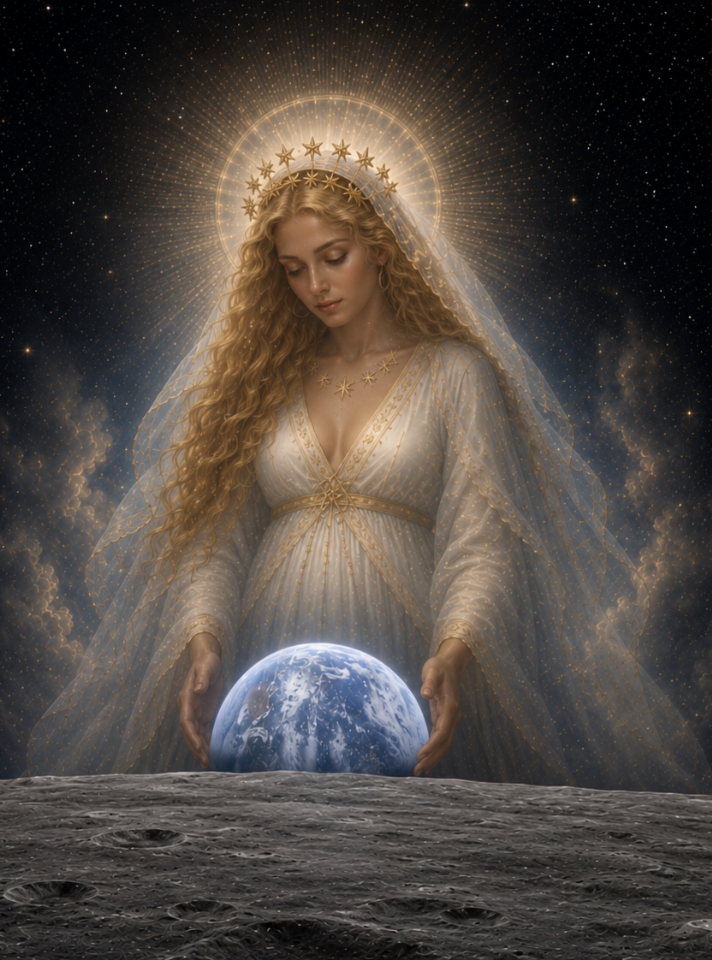 Illustration of a goddess holding the world