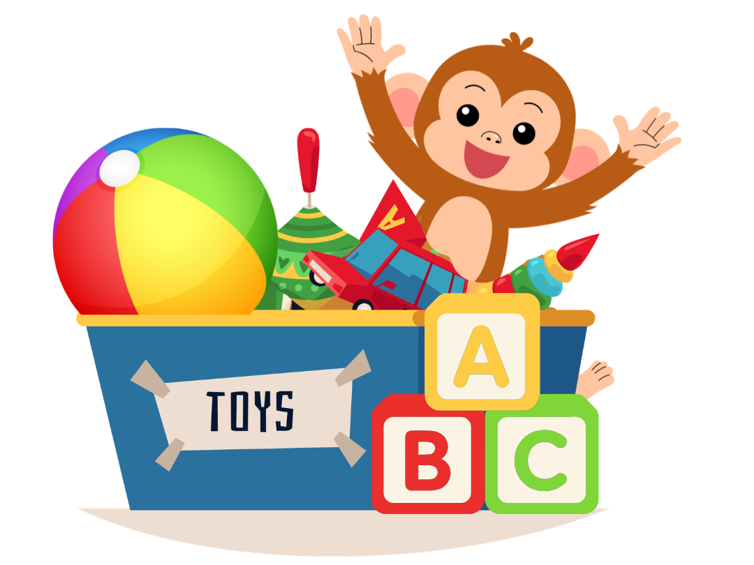 Illustration of Mr. Monkey popping out of a toybox
