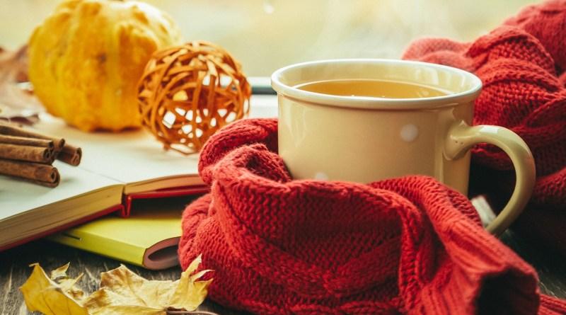 Photo of a warm mug of tea surrounded by Fall decorations
