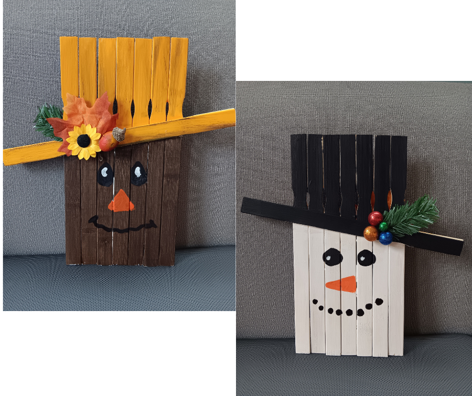 Photo of a wall decoration with a scarecrow on one side and a snowman on the other