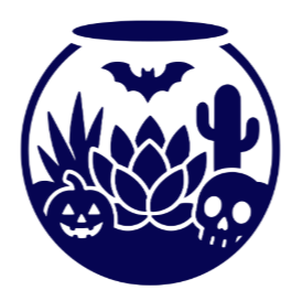 Illustration of a terrarium with a pumpkin and skull inside
