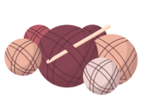 Illustration of a crochet hook and balls of yarn