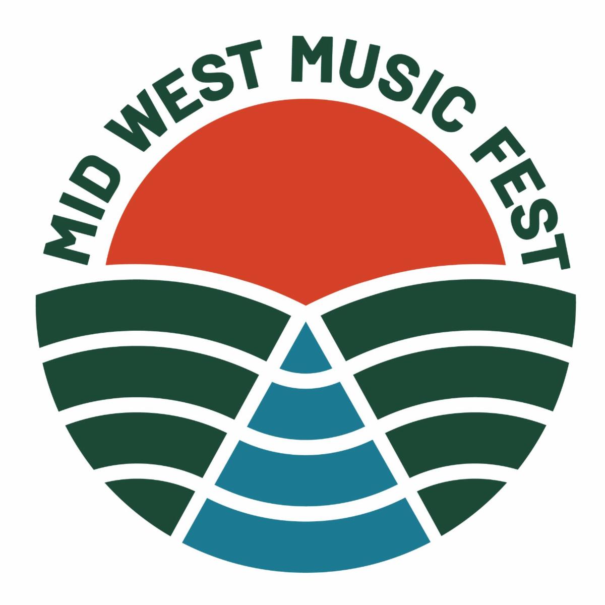 The image shows a circular logo for the "Mid West Music Fest." The logo features dark green text arching over the top that reads "MID WEST MUSIC FEST." Below the text is a stylized graphic design with an orange/red semi-circle at the top (resembling a sunset or sun), green curved horizontal lines on both sides (suggesting rolling hills or sound waves), and blue curved vertical sections in the center (possibly representing a river or musical sound waves). The overall design uses a color palette of dark green, orange-red, and teal blue, creating a nature-inspired visual that likely reflects the regional identity of this music festival.