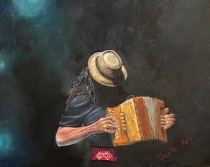 Painted Musician with straw hat playing orange accordion against dark teal background