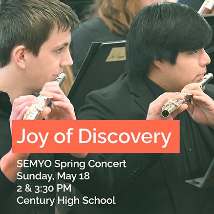 A promotional image for SEMYO's "Joy of Discovery" Spring Concert. The photo shows two young musicians playing flutes in a concert band or orchestra setting. They are wearing black formal attire and reading from music stands. The image includes text on a coral-colored banner reading "Joy of Discovery" and details: "SEMYO Spring Concert, Sunday, May 18, 2 & 3:30 PM, Century High School". The SEMYO (Southeastern Minnesota Youth Orchestras) logo appears in the bottom right corner.