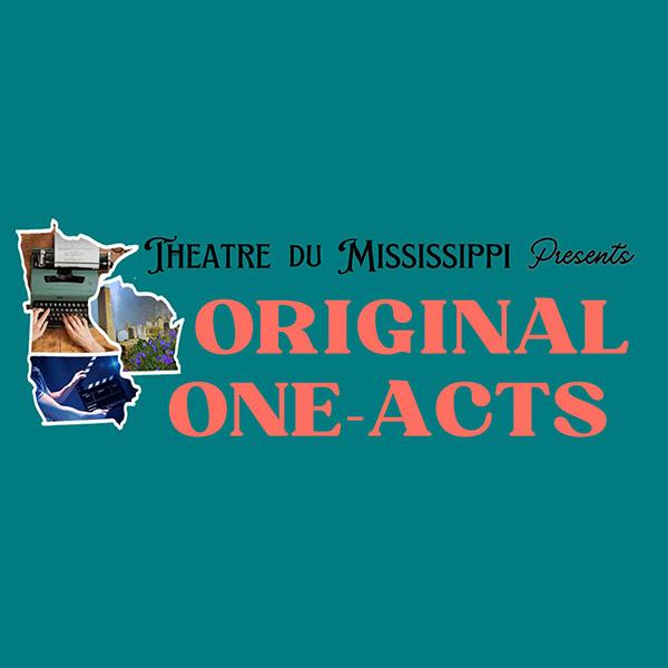 Theatre du Mississippi presents 'Original One-Acts' logo on a teal background. The design features a Minnesota state outline filled with three overlapping images: a typewriter, a cityscape, and a stage or performance space.
