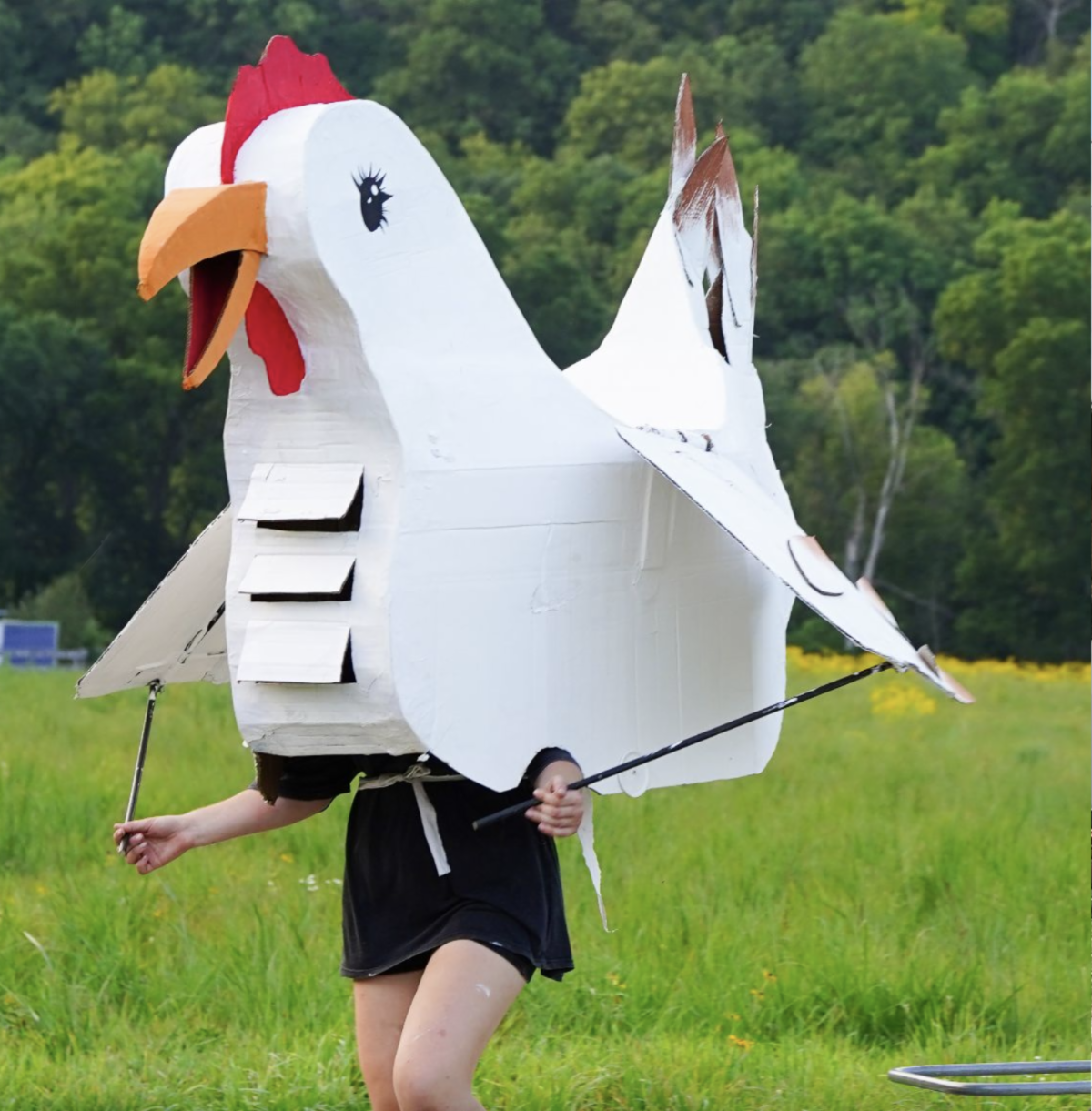 This image shows a large white chicken puppet costume being worn in a meadow setting. A performer is visible from the waist down wearing black shorts, with their upper body completely inside the oversized chicken puppet. The puppet has a bright red comb on top of its head, an orange beak that appears to be open, and white wings extending outward. The performer is holding what looks like control rods or sticks to manipulate the puppet. The chicken is positioned in a grassy field with wildflowers, and there's a backdrop of green trees and forest visible in the distance. This appears to be the "giant chicken puppet" mentioned in the Flourish Summer Camp performance "Ruffled Feathers and Flying Soles," which interrupted the Olympic-themed event in the creek according to the text
