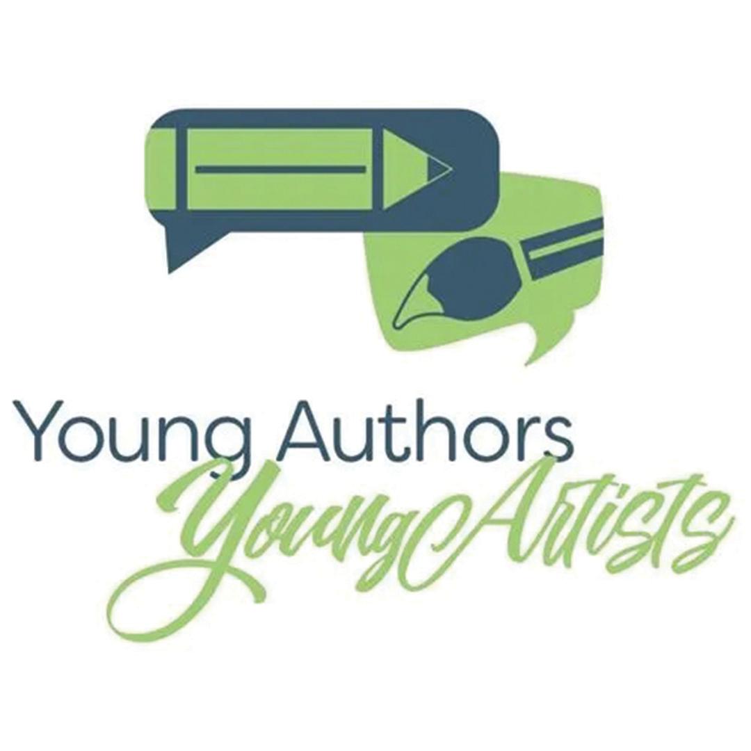 The image shows a logo for a program called "Young Authors Young Artists." The design features two speech bubble icons at the top - one dark blue with a bright green pencil inside it, and another bright green bubble containing a blue paintbrush or art tool. Below these icons, the text "Young Authors" appears in a dark blue serif font, with "Young Artists" written beneath it in a bright green cursive/script font. The color scheme primarily uses bright lime green and navy blue, creating a vibrant, creative appearance that appeals to youth. This appears to be a logo for a program or event that celebrates young writers and visual artists.