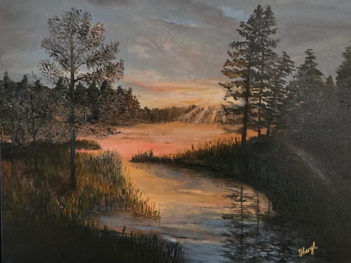 Acrylic painting of a river running through a woodland scene at sunrise, painted by Sheryl Rupprecht, 2025.