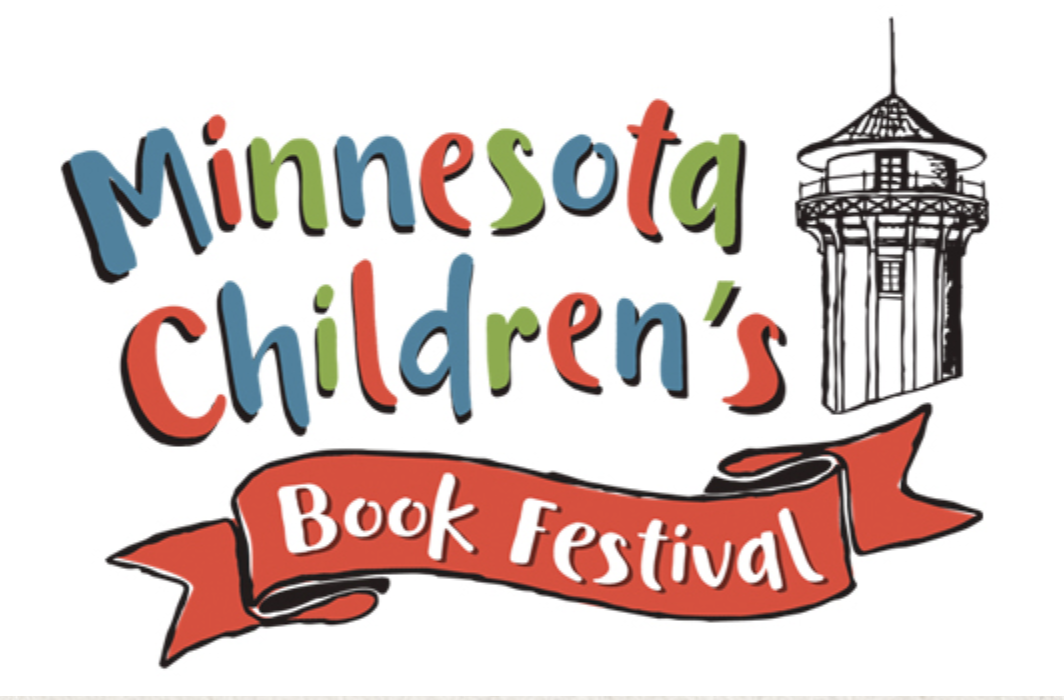 Minnesota Childrens Book Festival logo with colorful text in blue green red and orange letters. A red ribbon banner contains the words Book Festival in white text. A black and white illustration of a water tower appears on the right side of the design.