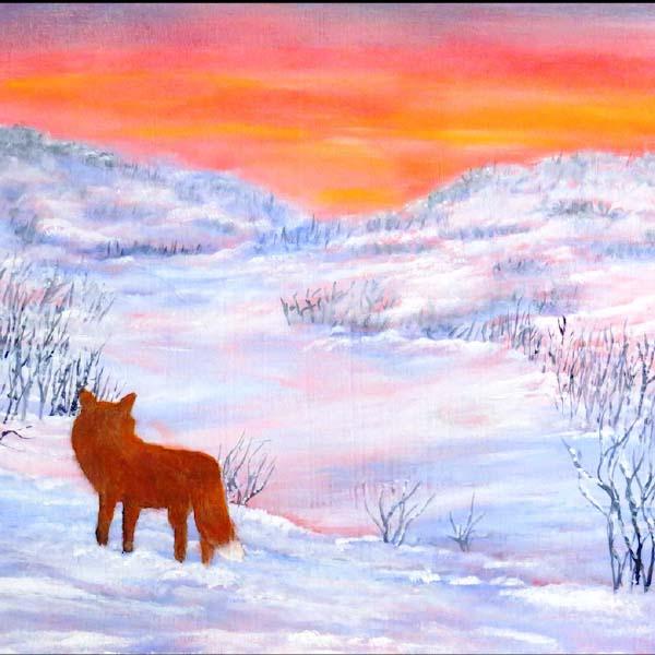 A winter landscape painting featuring a red fox standing in snow-covered terrain. The scene depicts rolling hills and sparse winter vegetation under a dramatic sky with vibrant orange pink and purple sunset or sunrise colors. The fox appears as a silhouette against the white snow while bare branches and winter grasses are scattered throughout the snowy landscape. The painting demonstrates water-mixable oil techniques with soft blended colors and atmospheric effects typical of winter evening light.