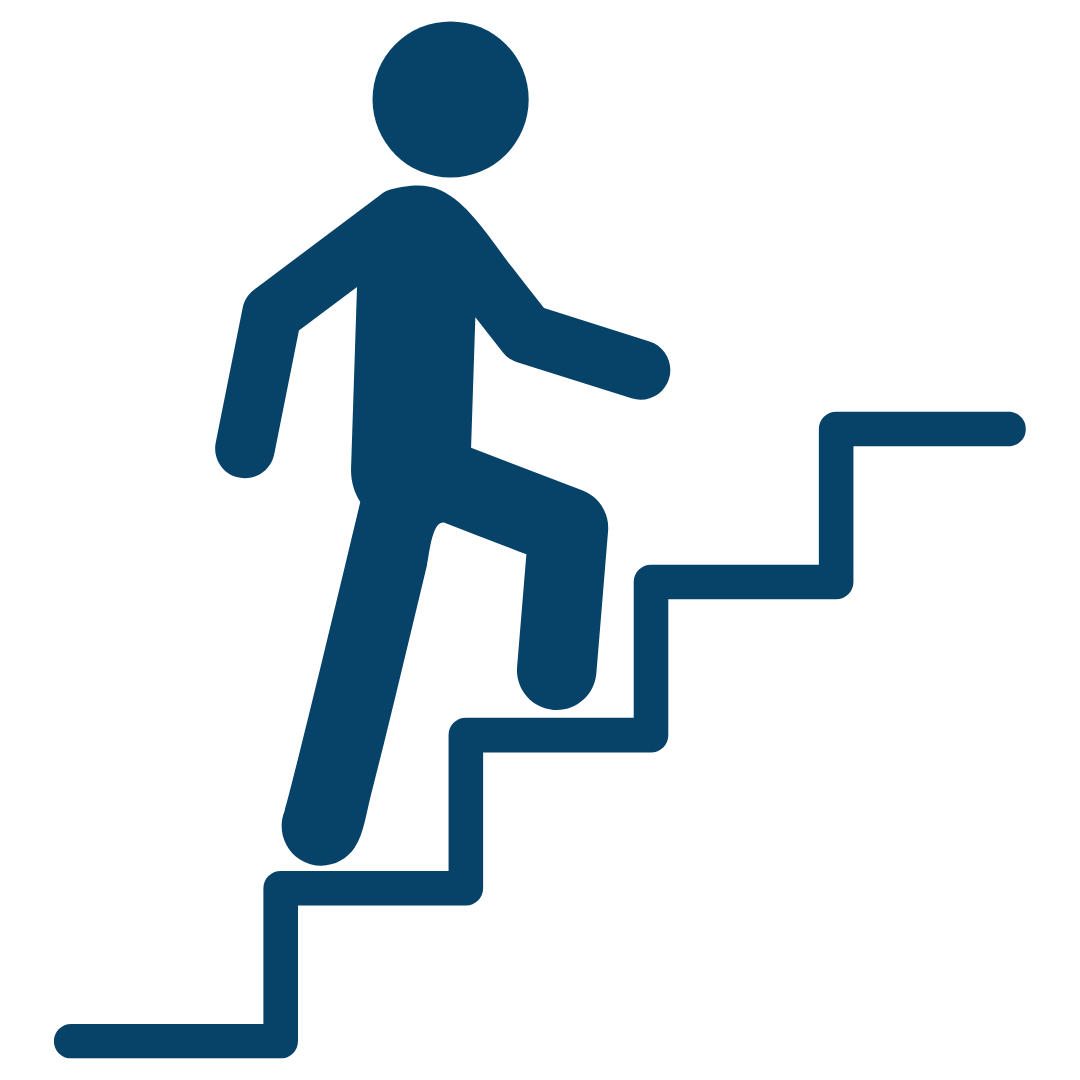 Blue icon of a person climbing stairs