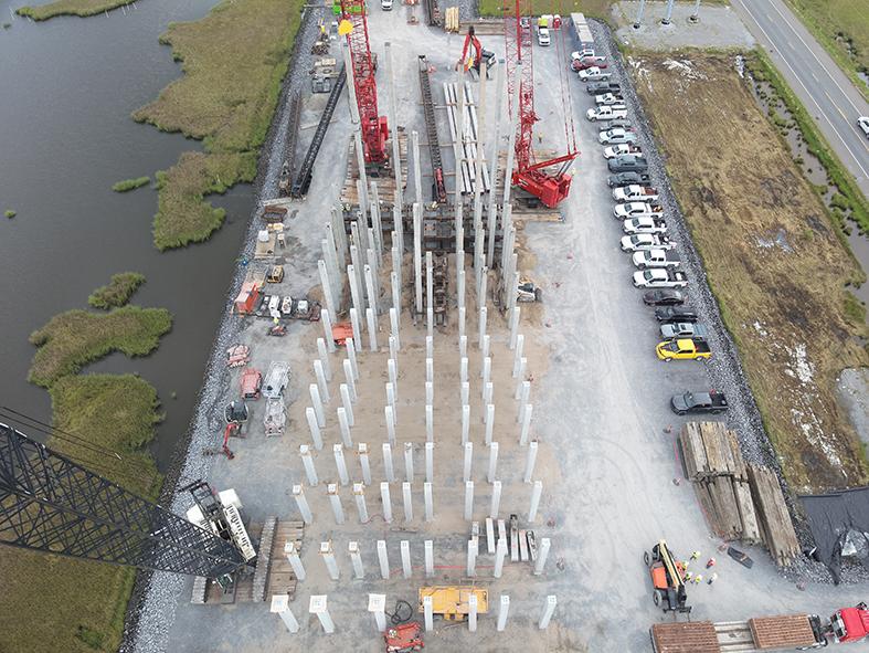 Aerial shot of precast concrete pile installation
