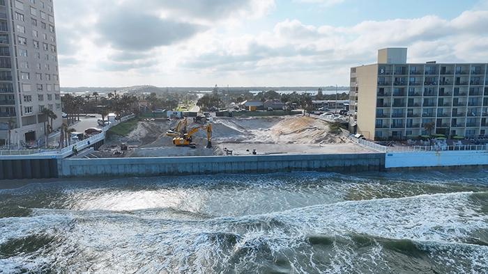 View of the concrete seawall from the ocean