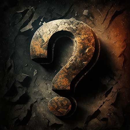Old rusty question mark on cracked concrete wall. 3d render illustration