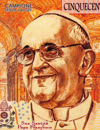 Pope Francis portrait on  500 lira  Fantasy 2019  banknote. Fantasy Vatican City banknotes. Closeup Collection.