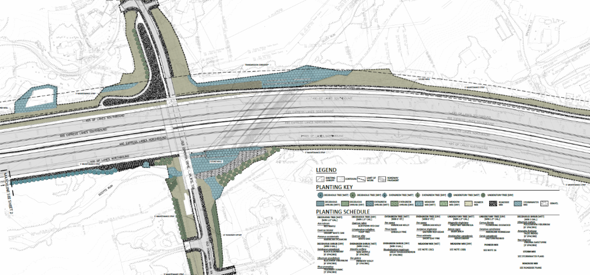 Screenshot of the 495 NEXT Revegetation Plan that shows Old Dominion Drive area in McLean, VA. Revegetation in this area includes a variety of deciduous and evergreen trees and shrubs.