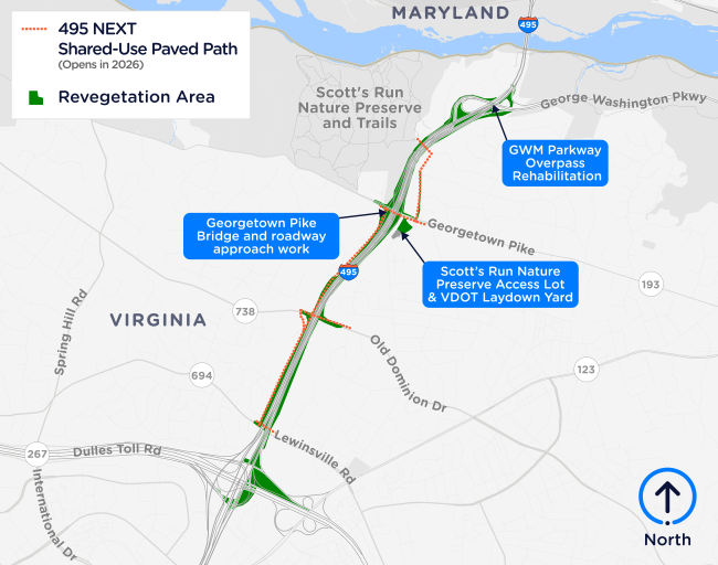Map graphic showing remaining 495 NEXT project work in McLean, VA, which labels activities at the George Washington Memorial Parkway overpasses, Georgetown Pike bridge interchange, and along northbound and southbound I-495 for shared-use trail and revegetation work.