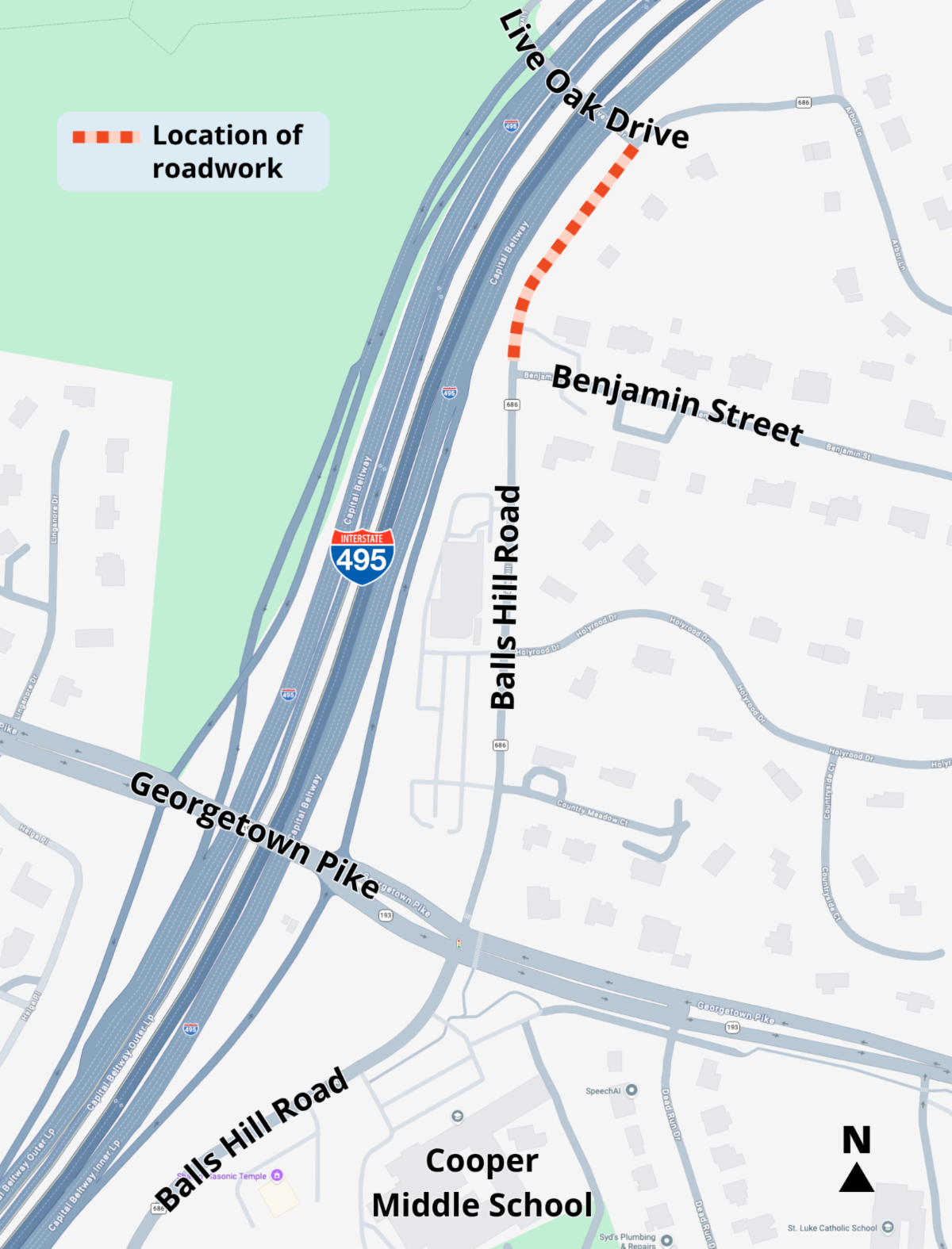 Roadway map showing roadwork location on Balls Hill Road in McLean, VA near Cooper Middle School and Georgetown Pike.