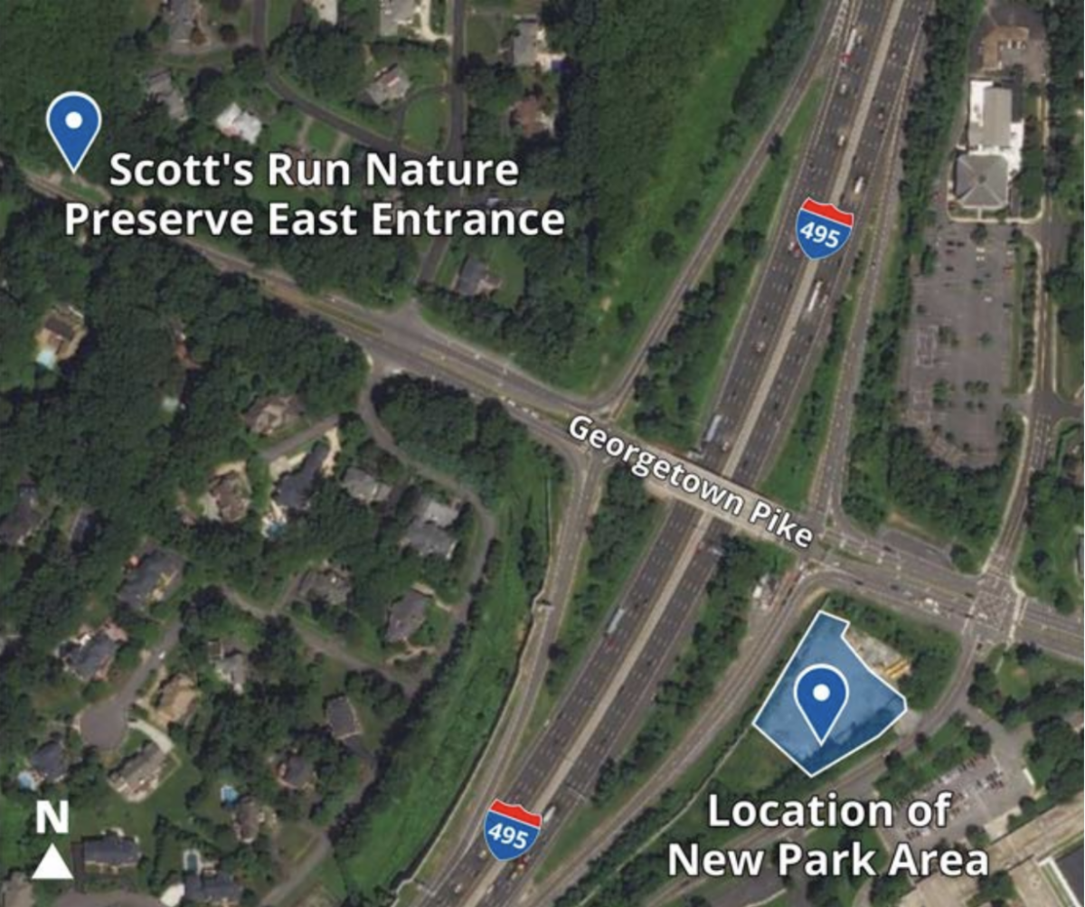 Aerial view showing where a new park area will be
constructed as part of the 495 NEXT project benefitting
Scotts Run Nature Preserve Visitors.