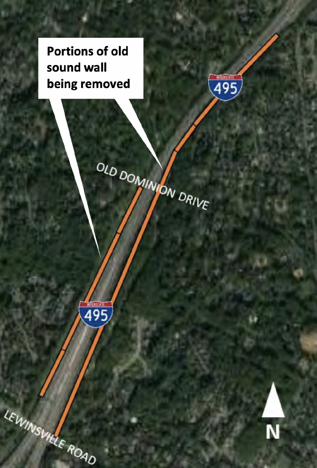 Locations of portions of old sound wall being removed.