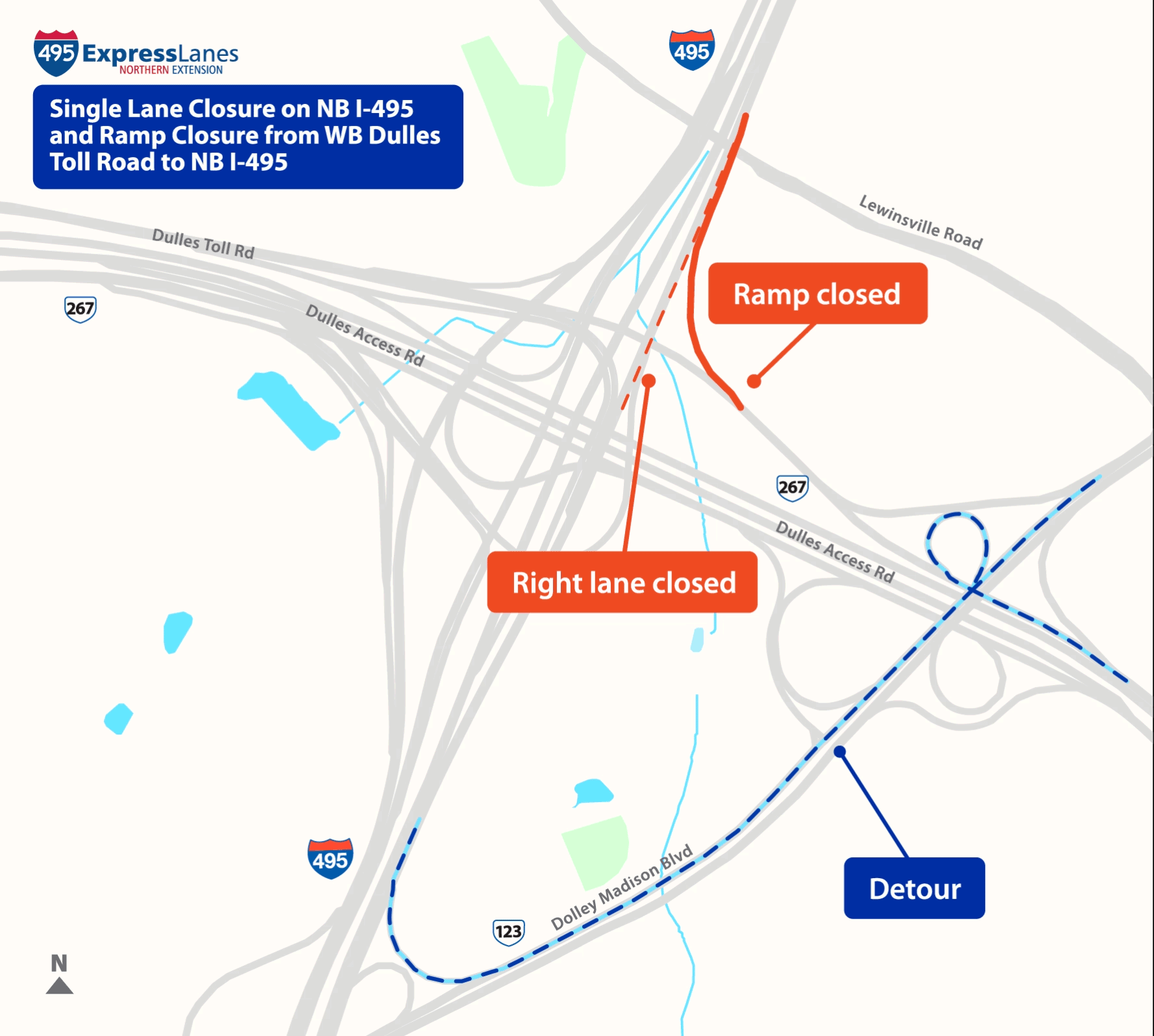 Weekend-long Right Lane Closure on Northbound I-495/Inner Loop in VA Near Dulles Toll Road Interchange Friday Night, Aug. 8-Monday Morning Aug. 11