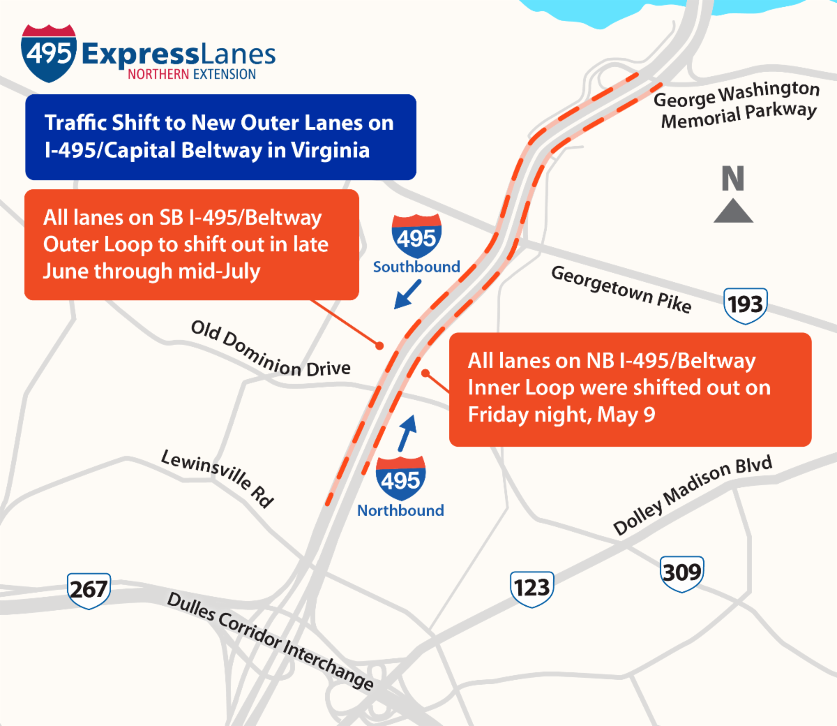 Southbound I-495/Capital Beltway Outer Loop Traffic Shift in Tysons-McLean Area Scheduled Friday Night, June 27