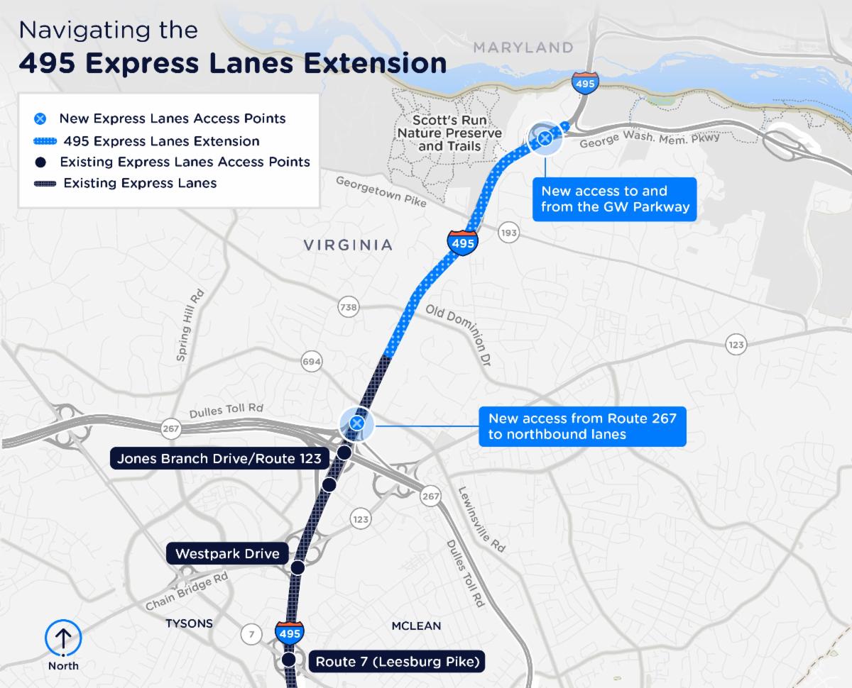 This image is a map that shows the 495 Express Lanes in the Tysons-McLean region. The map shows the existing Express Lanes along I-495 to the original terminus point between Lewinsville Road and Old Dominion Drive. The 495 Express Lanes Extension continues from this point to the new terminus at the George Washington Memorial Parkway. The map also shows the original access points from local roads to the 495 Express Lanes at Route 7, Westpark Drive, and Jones Branch Drive/Route 123, and new access points at Route 267 and the George Washington Memorial Parkway.