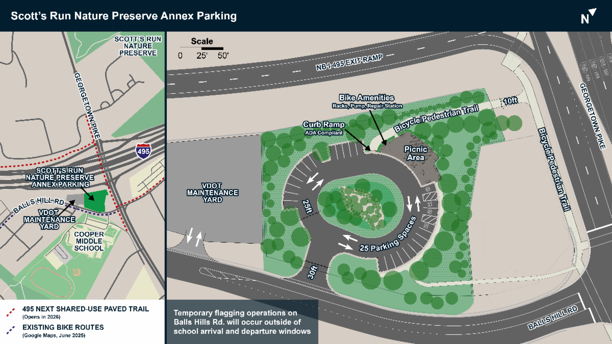 Map graphic showing Scotts Run Nature Preserve Annex Parking lot in McLean, VA, near I-495 and Georgetown Pike. 